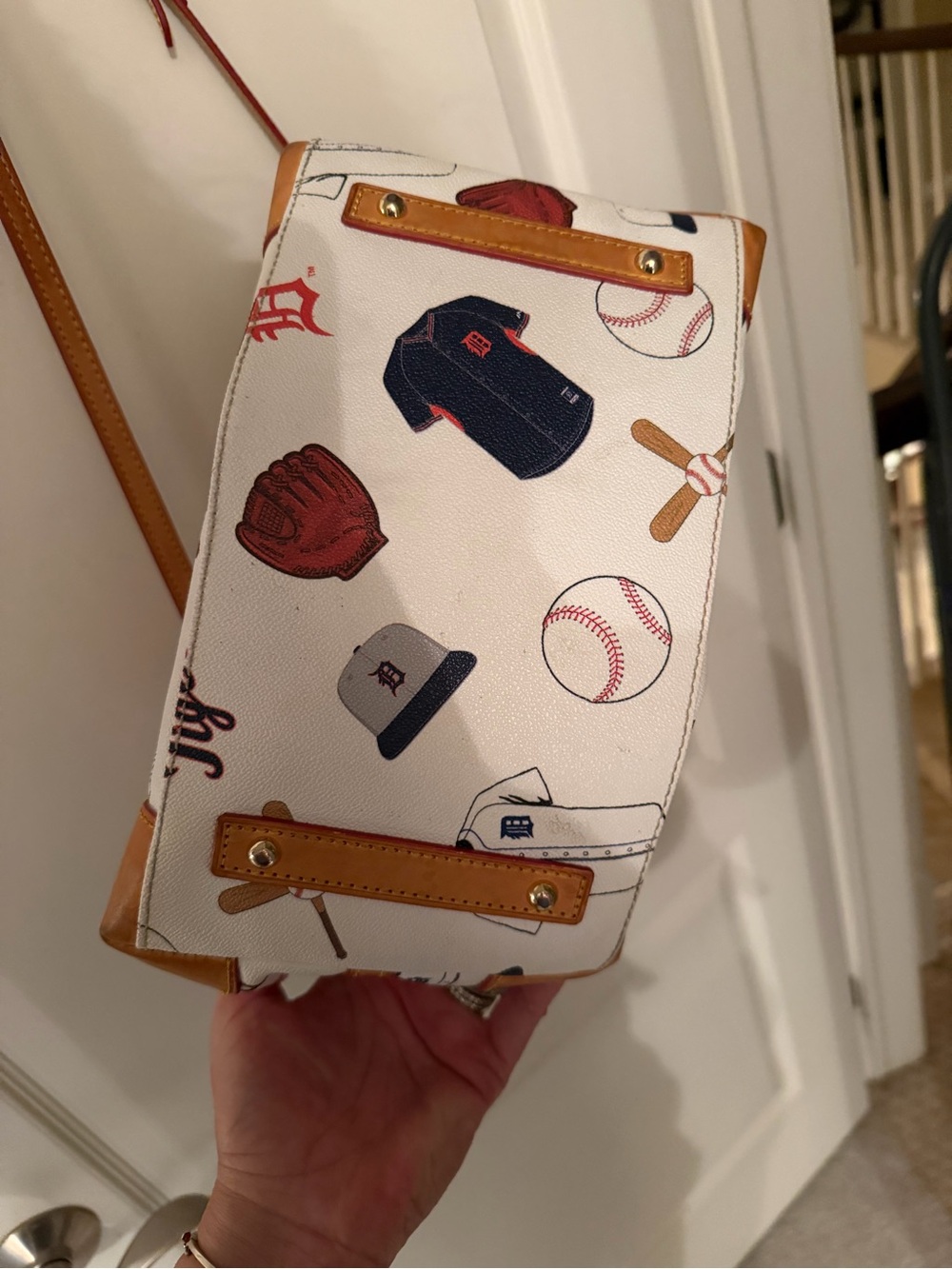 Dooney & Bourke White Baseball Print Crossbody with Tan Leather Trim - Picture 4 of 7